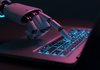 Robotic Finger Tapping Illuminated Keyboard in Cyberpunk Pink and Blue Hues