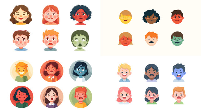 Set of illustrated faces showing various emotions including happiness, sadness, anger, fear, and surprise. Cartoon children expression icons for psychology, education, or emotion design.