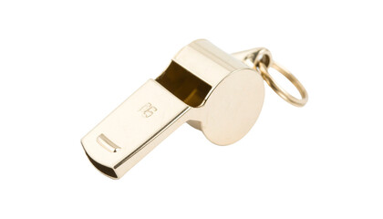 Metal referee whistle, isolated on white background, sports officiating gear.