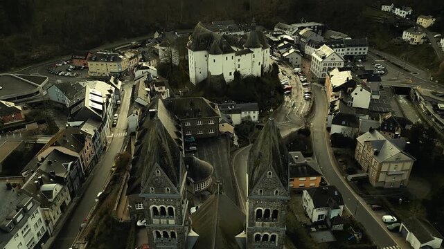 Drone footage of Clervaux in Luxembourg showing the castle