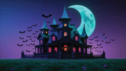 Halloween Spooky Castle: Eerie Moonlight Scene with Bats and Graveyard