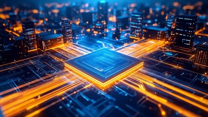 Futuristic Digital Cityscape with Glowing CPU, Network Lines and Architectural Buildings - Powered by Adobe