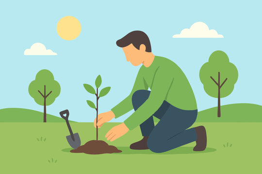 Flat illustration of man planting tree with shovel as eco friendly action.