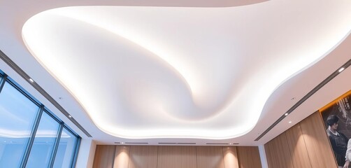 White stretch ceiling, complex shape, suspended halogen LED drywall ceiling,  architecture,   decor