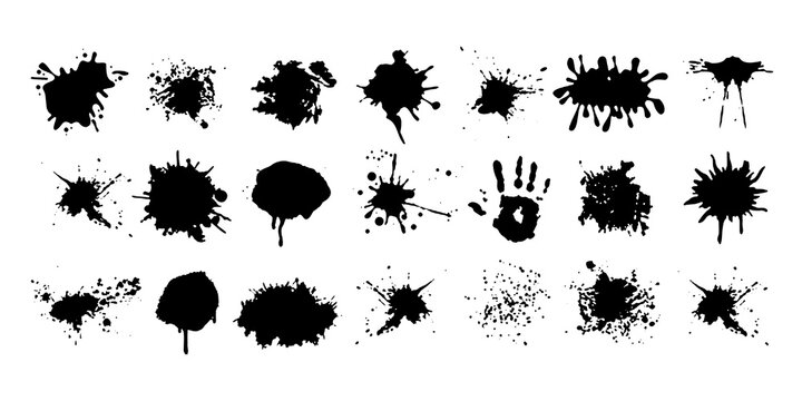 Ink splatter, paint splatter vector set, black paint splashes on white background, artistic design elements. Ideal for logos, branding, abstract art designs