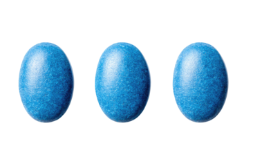 Three glossy, oval-shaped, bright blue objects, seemingly identical, arranged horizontally