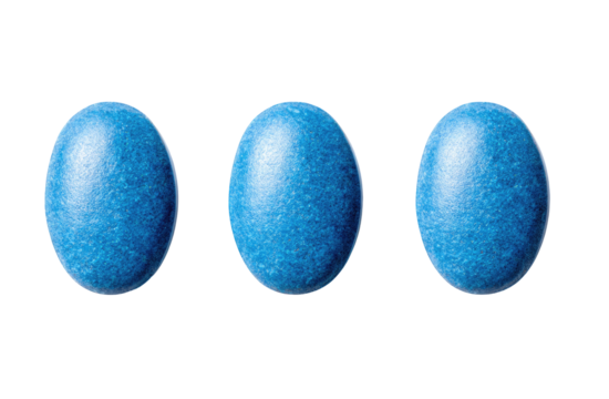 Three glossy, oval-shaped, bright blue objects, seemingly identical, arranged horizontally