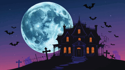 Halloween Spooky Castle: Eerie Moonlight Scene with Bats and Graveyard