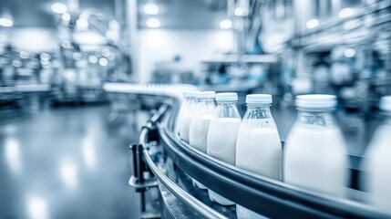 Milk Bottles Moving On Conveyor Belt In Modern Dairy Factory
