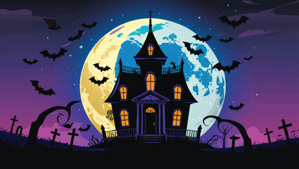 Halloween Spooky Castle: Eerie Moonlight Scene with Bats and Graveyard