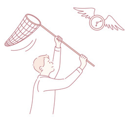 An illustration shows a man trying to catch time, symbolizing seizing opportunities and making the most of life