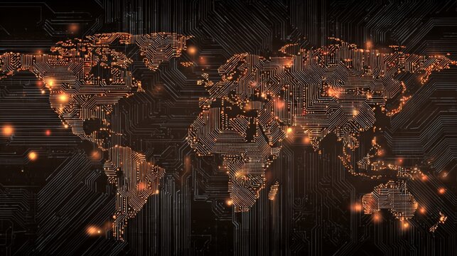 Futuristic high-tech digital world map with glowing circuit board patterns, abstract technology background, interconnected data network and neon cyber design