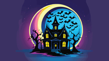 Halloween Spooky Castle: Eerie Moonlight Scene with Bats and Graveyard