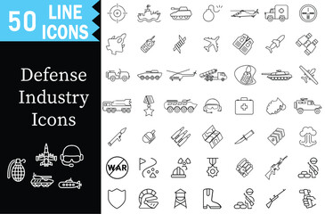 Military equipment icons set featuring weapons, vehicles, and gear. Editable Vector stroke pictograms. illustration EPS10