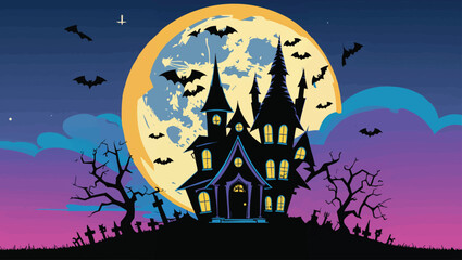 Halloween Spooky Castle: Eerie Moonlight Scene with Bats and Graveyard