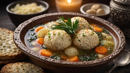 A steaming bowl of flavorful soup with fluffy dumplings, garnished with fresh herbs, served with crispy flatbreads.