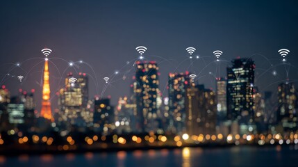 Modern city skyline at night with glowing wireless network connections, digital communication technology, smart city concept, and futuristic internet data transfer visualization