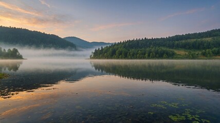 Fototapeta premium Serene dawn at a misty lake, surrounded by lush greenery and rolling hills.