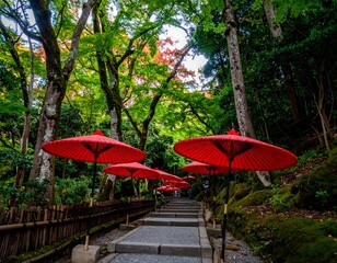 Red umbrellas line a stone path through a vibrant autumn forest