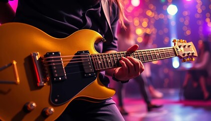 Obraz premium Golden key guitar, dancing freedom, success achievement, aspiration, joy