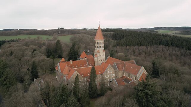 Drone footage of Clervaux in Luxembourg showing the abbey