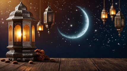 A silver lantern radiates warm light against a starry night sky with crescent moon, evoking a serene and magical atmosphere.