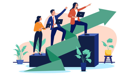 A successful business team of professionals climbing a rising arrow and bar chart, representing business growth, achievement, and career development in a flat design vector illustration
