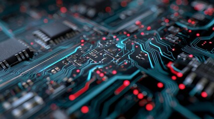 Abstract technology background of a computer motherboard with electronic circuits and digital connections, modern high tech design suitable for innovation, data processing, artificial intelligence, an