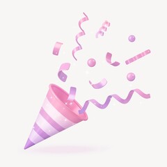 Party popper clipart, pink 3d birthday graphic