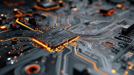 Abstract technology background of a computer motherboard with electronic circuits and digital connections, modern high tech design suitable for innovation, data processing, artificial intelligence, an