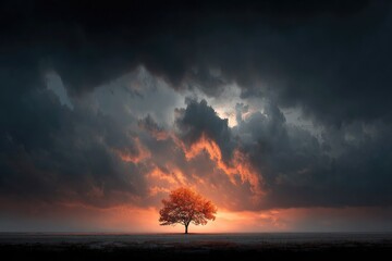 Solitary tree glowing orange at sunset under a dramatic, stormy sky