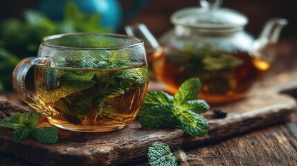Mint Tea, a refreshing beverage, features sweetened green tea infused with fresh mint leaves, served hot or cold, offering a fragrant, soothing, and revitalizing experience.