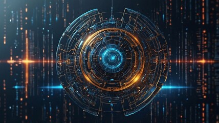Futuristic high-tech design with glowing blue and orange elements, creating a sense of digital innovation and advanced technology.
