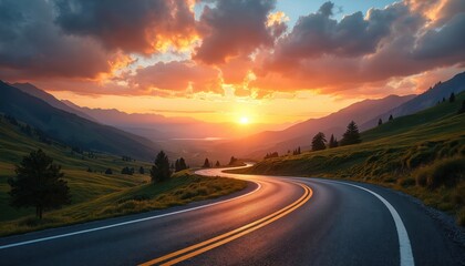 Winding mountain road during beautiful sunset with colorful sky. Green hills, trees surround asphalt path leading through valleys. Perfect for travel, adventure, nature themes.