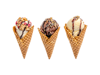 Four ice cream waffle cones with different flavors arranged together