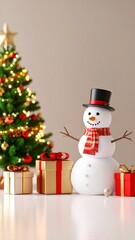 Festive Snowman with Christmas Tree and Gifts Winter Holiday Scene.