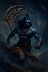 Shiva mahakal Blue Celestial Figure Holding Trident in Cosmic Atmosphere
