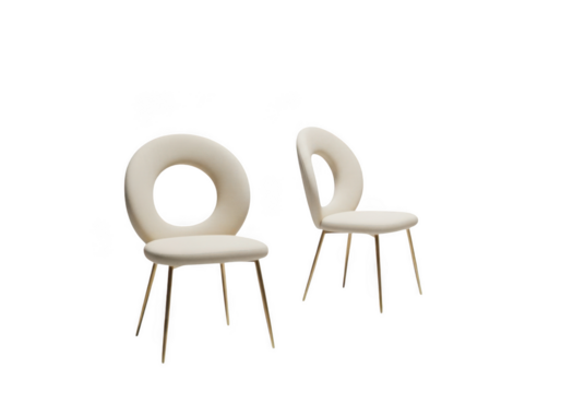 Modern white chairs with open circular backrests and sleek metal legs transparent background