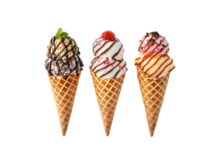 Four ice cream waffle cones with different flavors arranged together