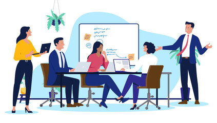 A diverse group of business people in an office meeting, with a presenter standing by a whiteboard and colleagues seated with laptops, flat design vector illustration