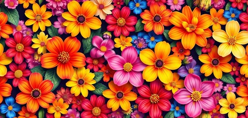 Horizontal seamless vector pattern of vibrant colorful flowers , floral, blossom