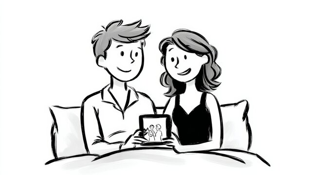 Man and woman are sitting on a bed holding a tablet. The man is smiling and the woman is smiling as well. Scene is happy and romantic - Powered by Adobe