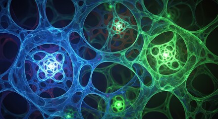 Abstract fractal art with blue and green swirling patterns and glowing centers.