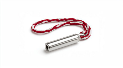 Fototapeta premium A stress relief breathing tool with a silver pendant and red and white cord on a white background