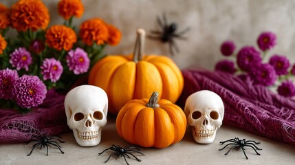 Pumpkin and two skulls are on a table with a purple cloth. The table is surrounded by flowers
