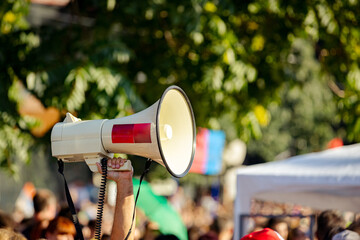 Big megaphone at protest against the government in Serbia