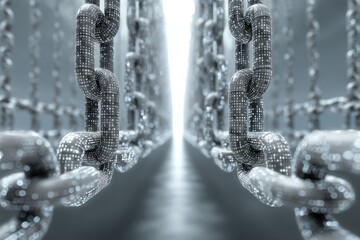 Digital chains converge in a futuristic tunnel