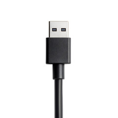 Close up of a black usb cable connector and wire isolated on transparent background