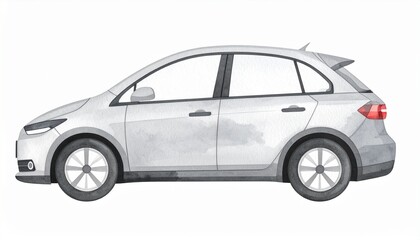 Watercolor Illustration of a Silver Hatchback Car.