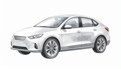 Watercolor Illustration of a Modern White Sedan Car.